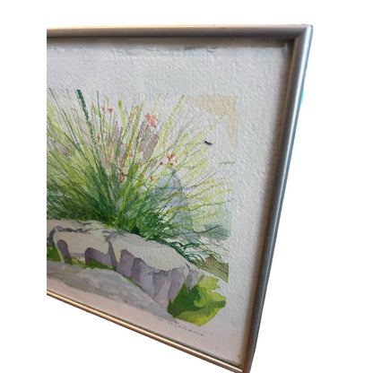 Signed Original Watercolor Painting Framed Zen Landscape Garden Rock Flowers
