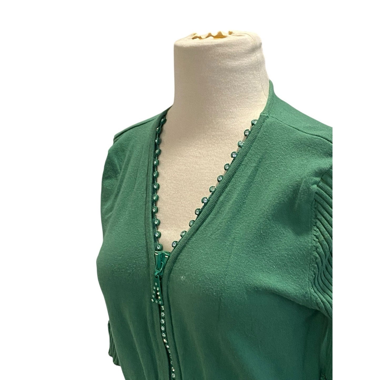 Size 2 Green ABC Fashion 3/4 Sleeve Sweater Rhinestone Bling Zipper Preppy Sassy