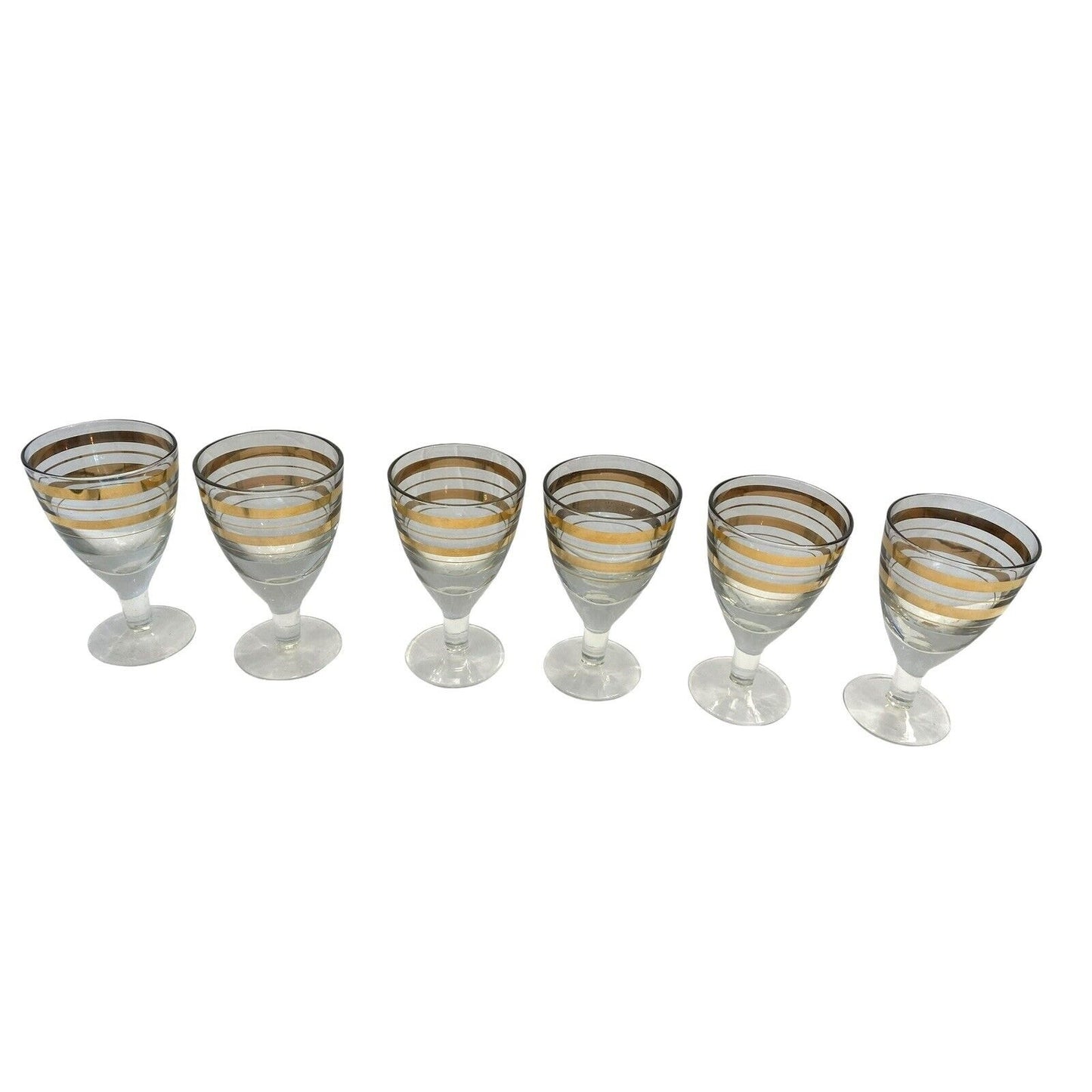 MCM Clear Glass Decanter 6 Glasses Gold Accent Dapper Debonair Classic Bar Set