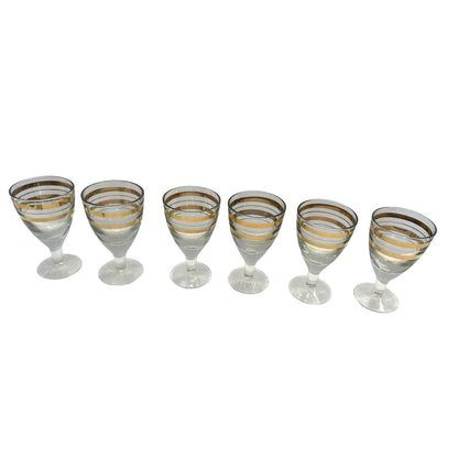 MCM Clear Glass Decanter 6 Glasses Gold Accent Dapper Debonair Classic Bar Set