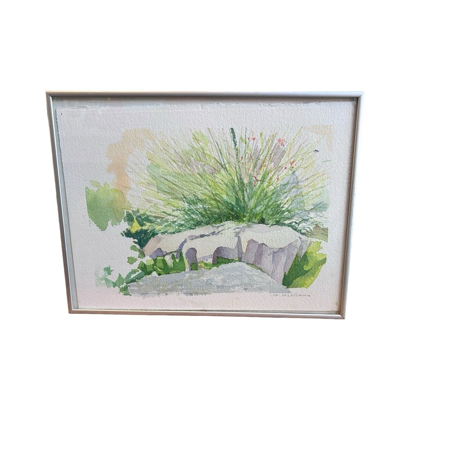 Signed Original Watercolor Painting Framed Zen Landscape Garden Rock Flowers