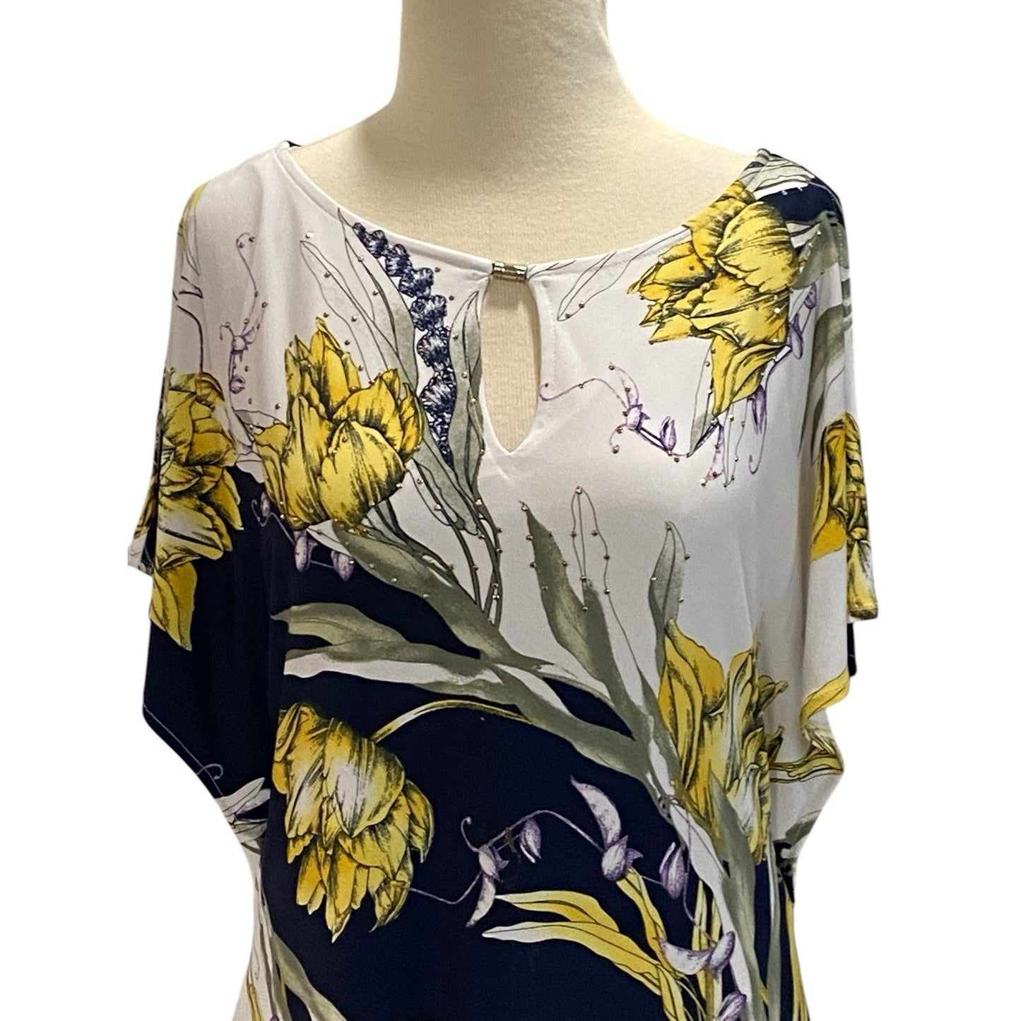 Size Small JM Collection Blue White Yellow Floral Studded Sheath Dress