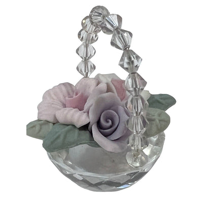 Miniature Crystal Basket Porcelain Roses Pink Purple Spring Easter
