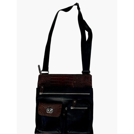 Brighton Large Crossbody Shoulder Bag Black Pebbled Leather Brown Croc Vintage