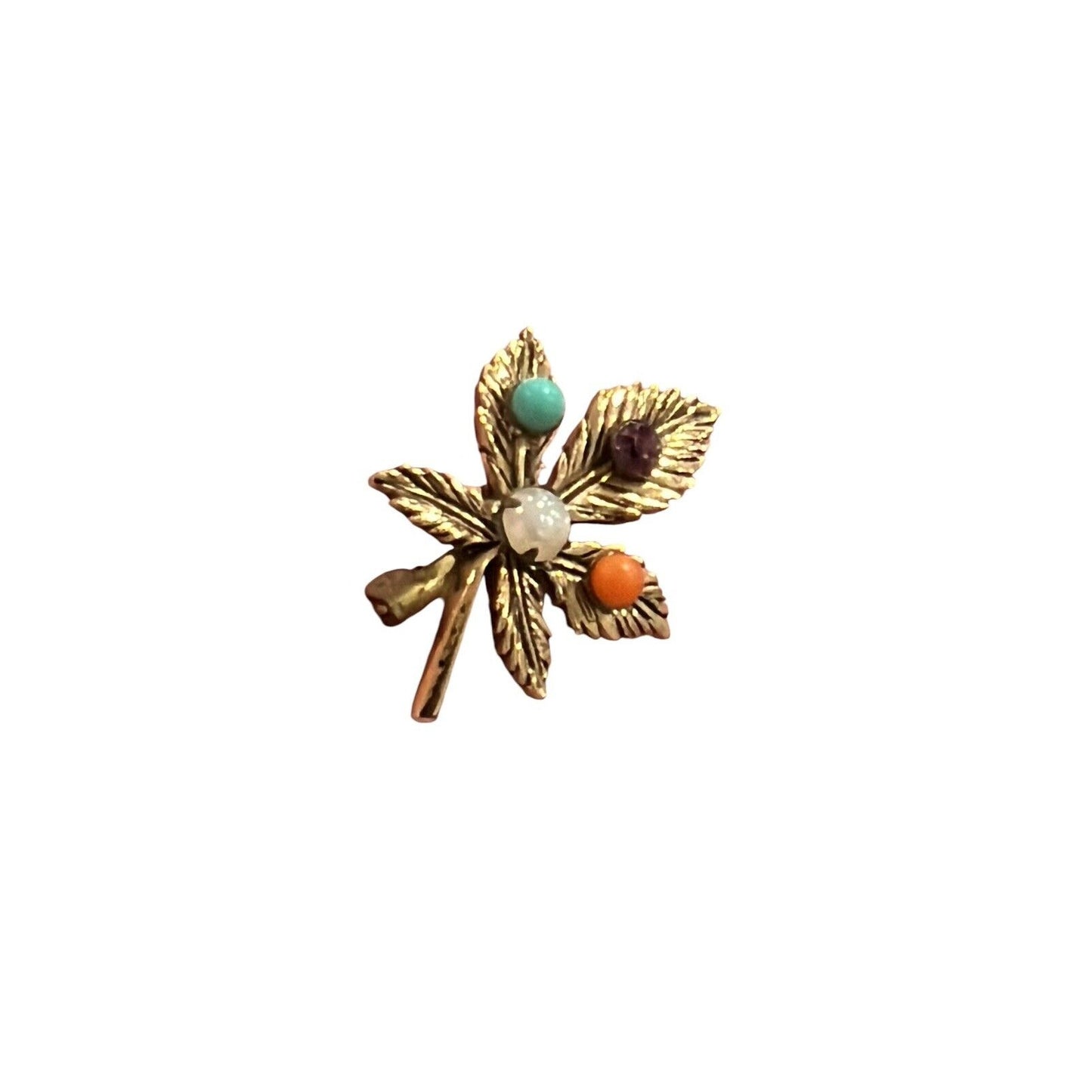 Vintage Gold Tone Leaf Faux Gemstone & Faux Pearl Pin Brooch