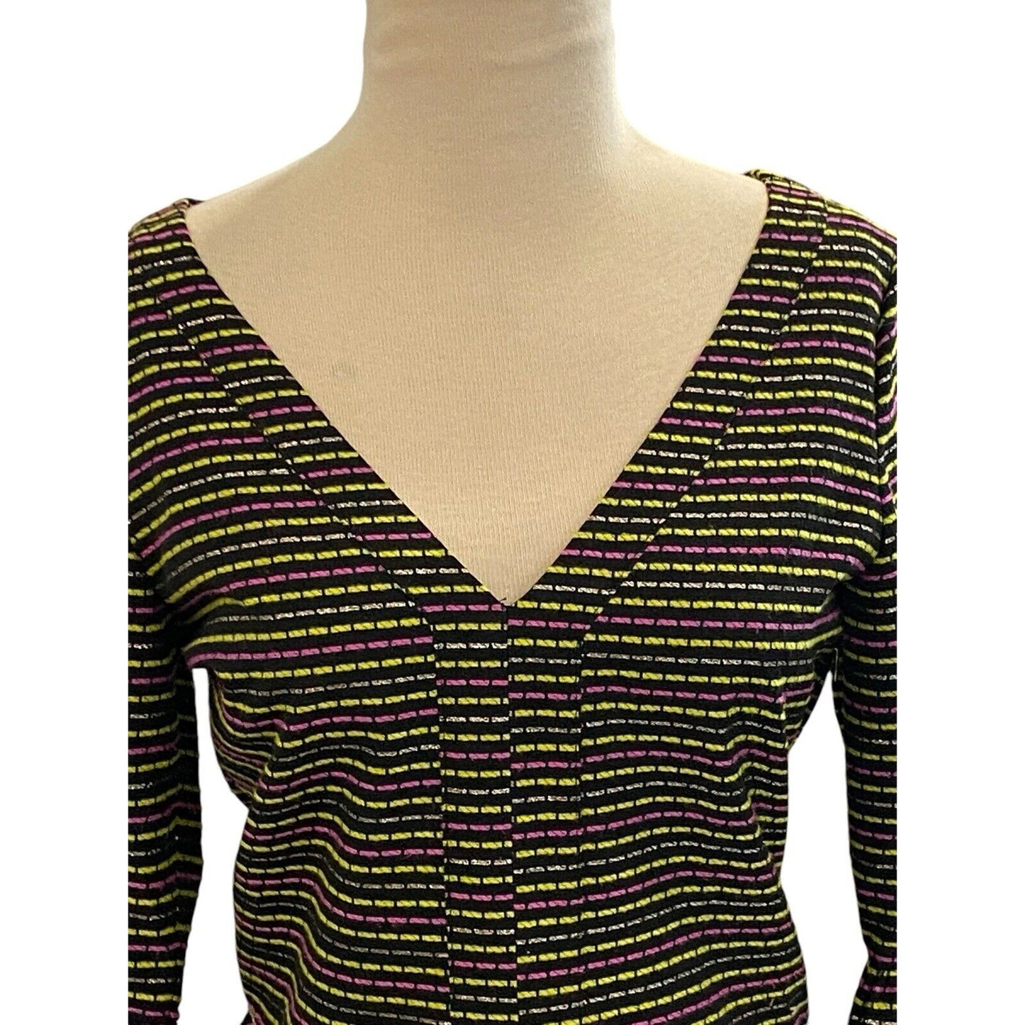 Small ANNA CATE Multicolor Striped Bell Sleeve Blouse Deep V-neck Dress Blouse