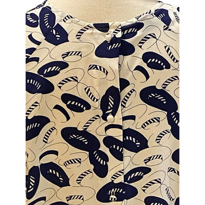 Size 12 Womens 100% Silk Blue Hat Print Fun Pullover Blouse Travel Wear Malouf’s