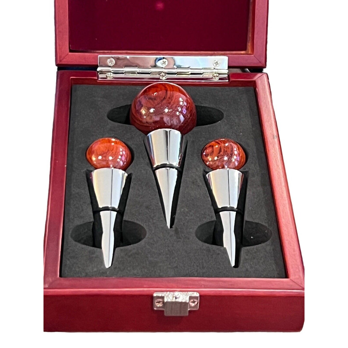 Gift Set of 3 Wood & Metal Wine Bottle Stopper Set in Wood Case