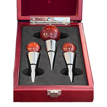 Gift Set of 3 Wood & Metal Wine Bottle Stopper Set in Wood Case