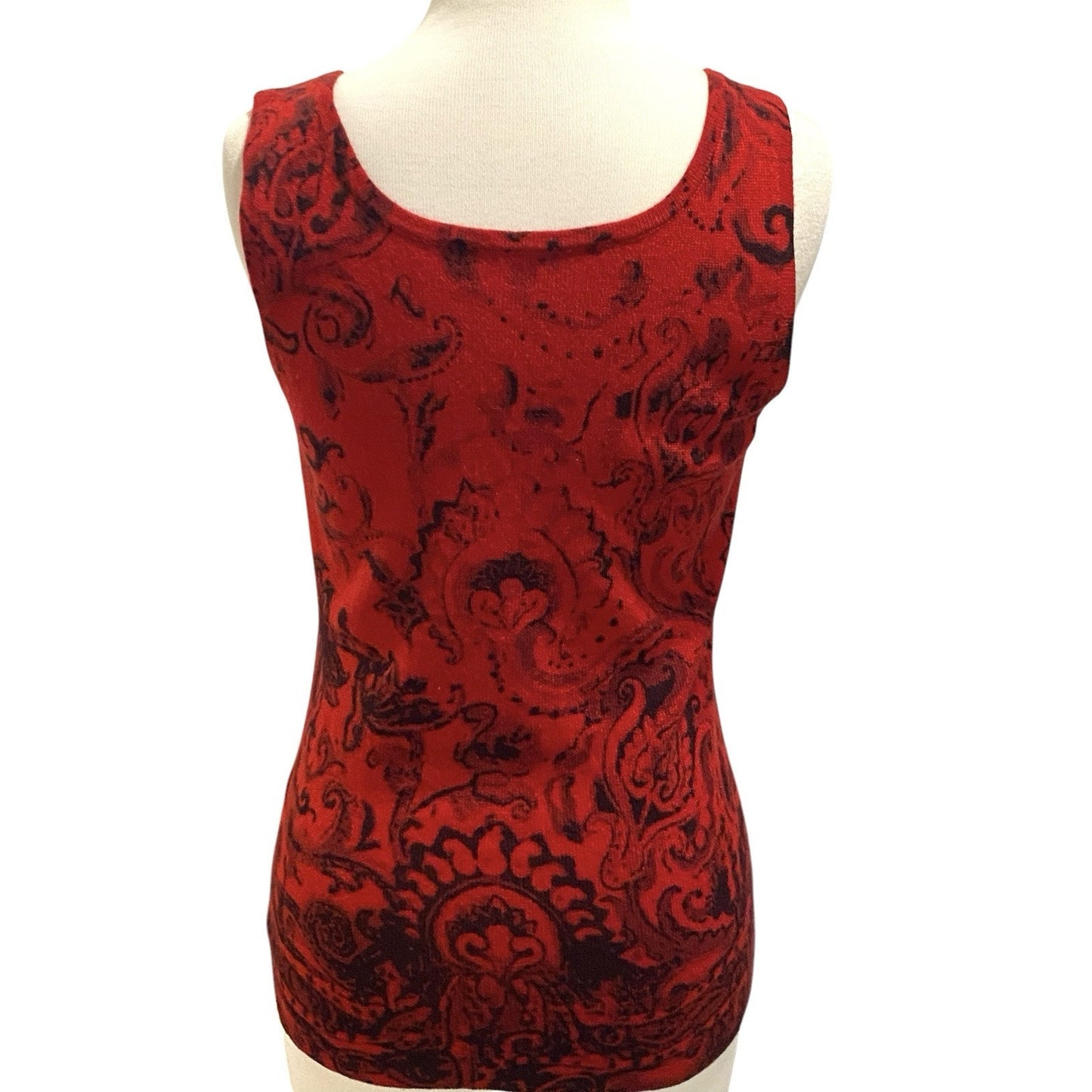 100% Cashmere Red Sleeveless Sweater Tank Top Black Floral Design