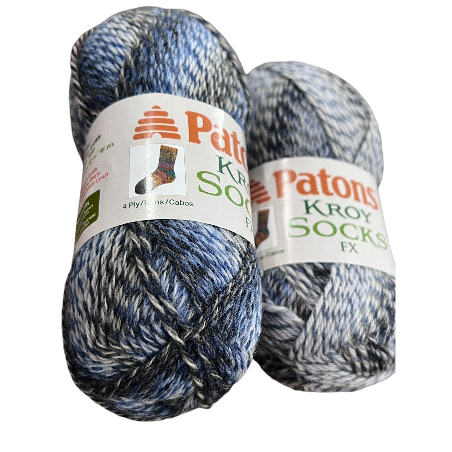 2 Skeins Patons Kroy Sock Yarn Jacquards 75% Wool 25% Nylon Clay Color Blue Gray
