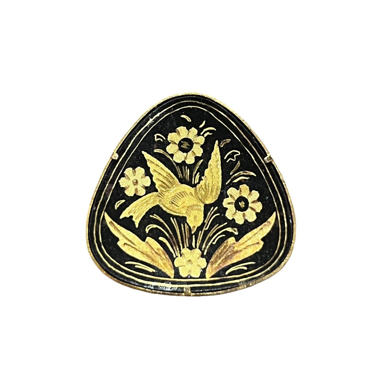 Damascene Brooch Pin Vintage Bird Flowers Gold Black Vtg Trombone Clasp Round