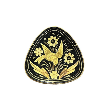 Damascene Brooch Pin Vintage Bird Flowers Gold Black Vtg Trombone Clasp Round