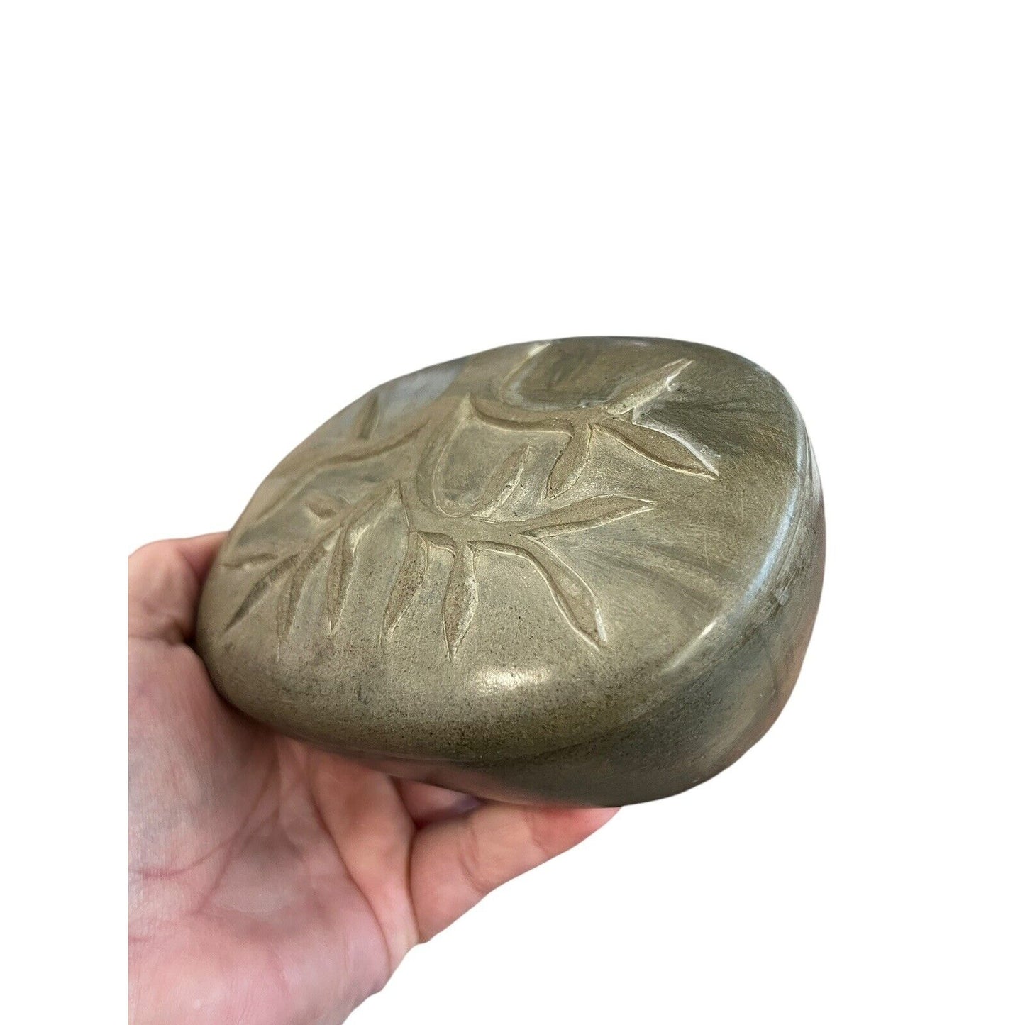 Carved Tree Gray Green Soapstone Lidded Trinket Box Smooth Haiti Soap Dish