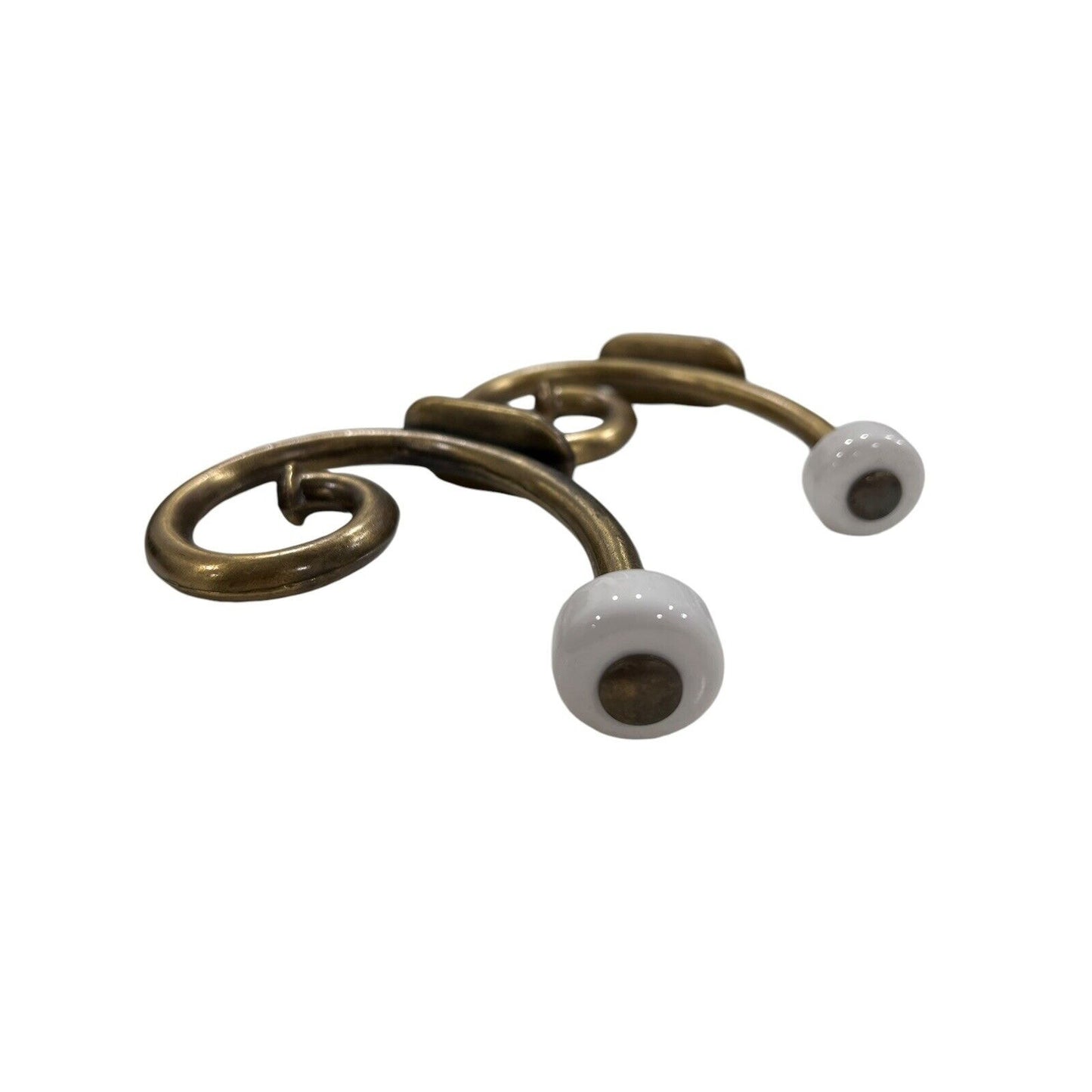 Vintage Brass Hook Rack White Ceramic Knob Coat Hat Towel 5” Scroll Dark Patina