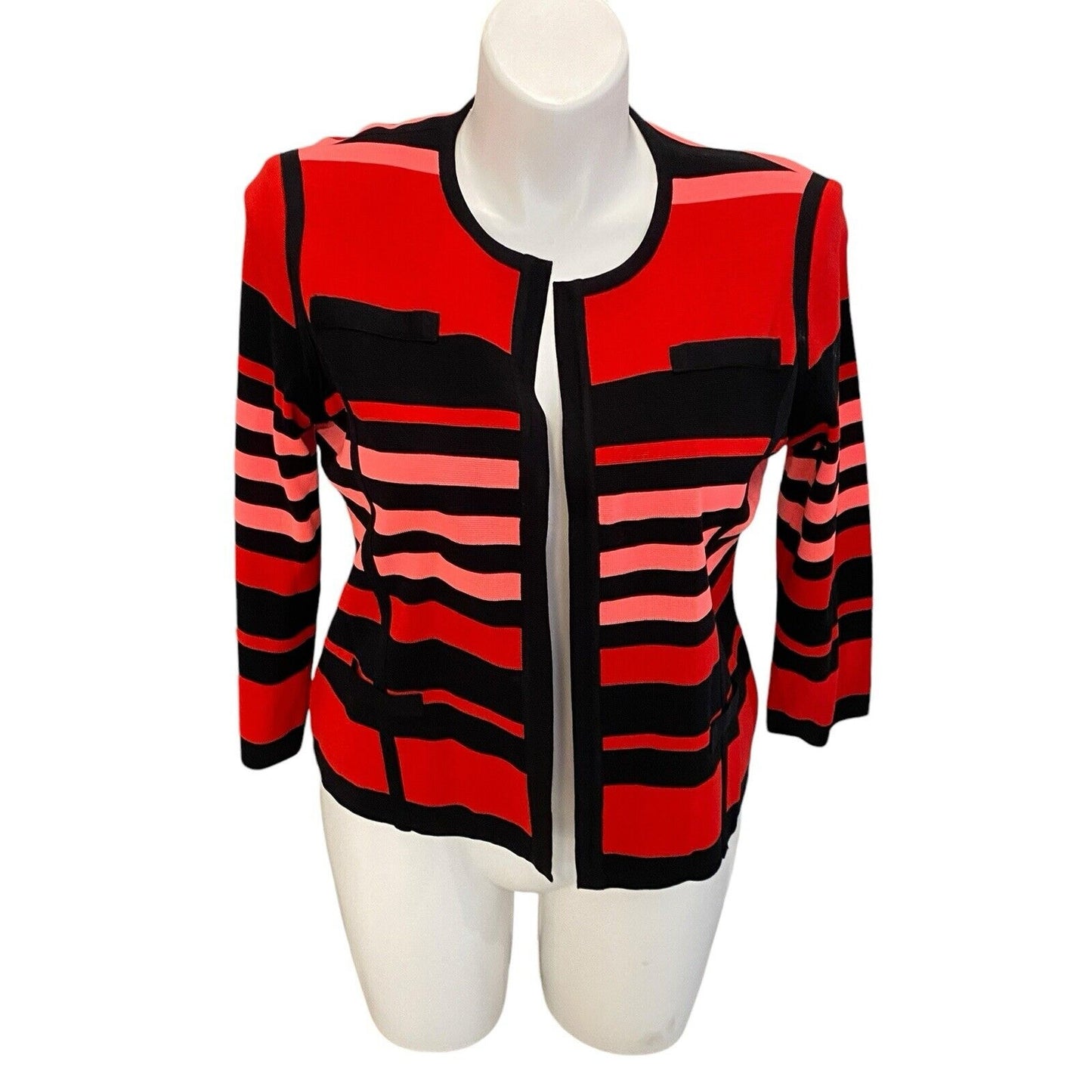 Exclusively Misook Striped Open Front Sweater Cardigan Red Pink Black XL Petite