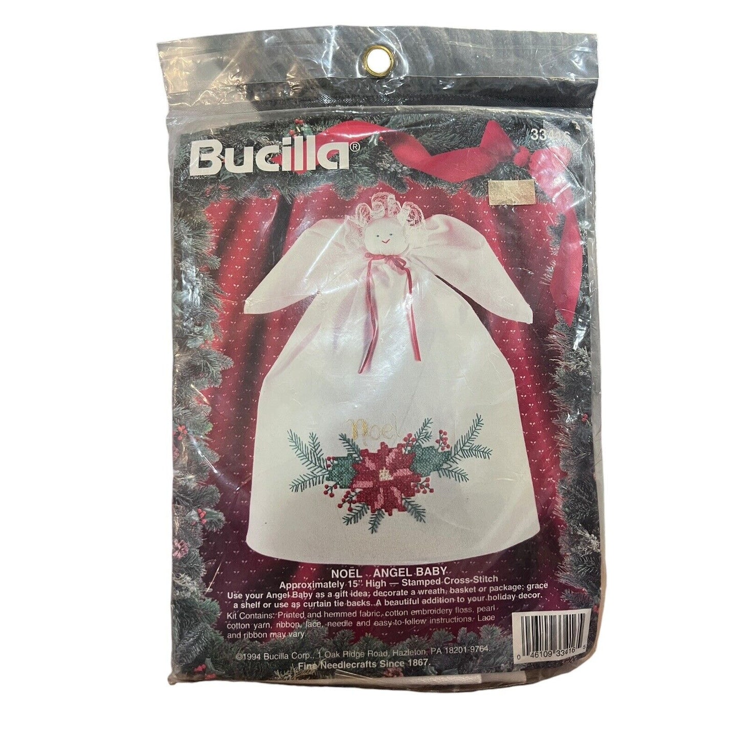 1994 Bucilla Noel Angel Baby 15" Poinsettia Stamped Cross Stitch #33416 NOS