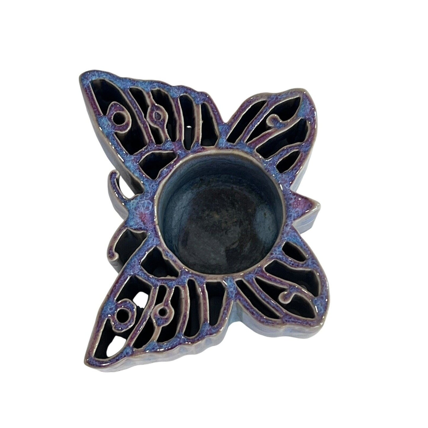 Bay Pottery Votive Butterfly Candle Holder Glazed Blue Purple USA Tea light