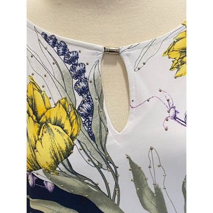 Size Small JM Collection Blue White Yellow Floral Studded Sheath Dress