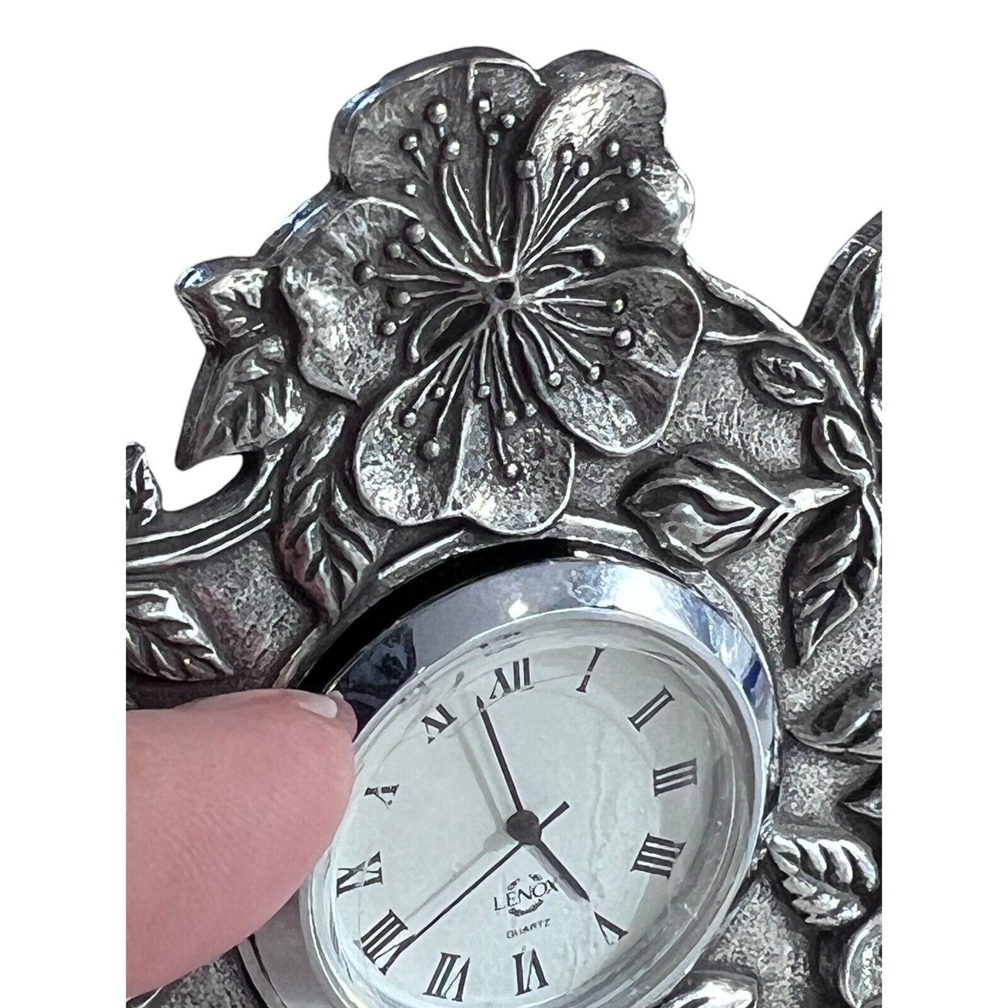Vintage Lenox Kirk Stieff Pewter Quartz Clock Floral Poppy Desk Table Travel