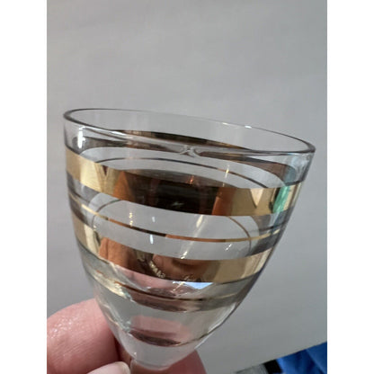 MCM Clear Glass Decanter 6 Glasses Gold Accent Dapper Debonair Classic Bar Set