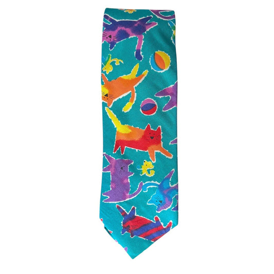 Lands End Neck Tie Teal Green with Colorful Funky Cats Toys Cotton Vintage