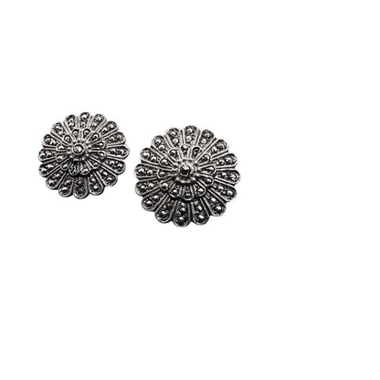 Sterling Silver Round Marcasite Flower Clip On Earrings 3/4”