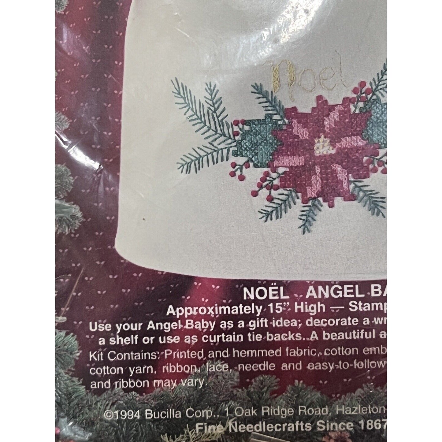 1994 Bucilla Noel Angel Baby 15" Poinsettia Stamped Cross Stitch #33416 NOS
