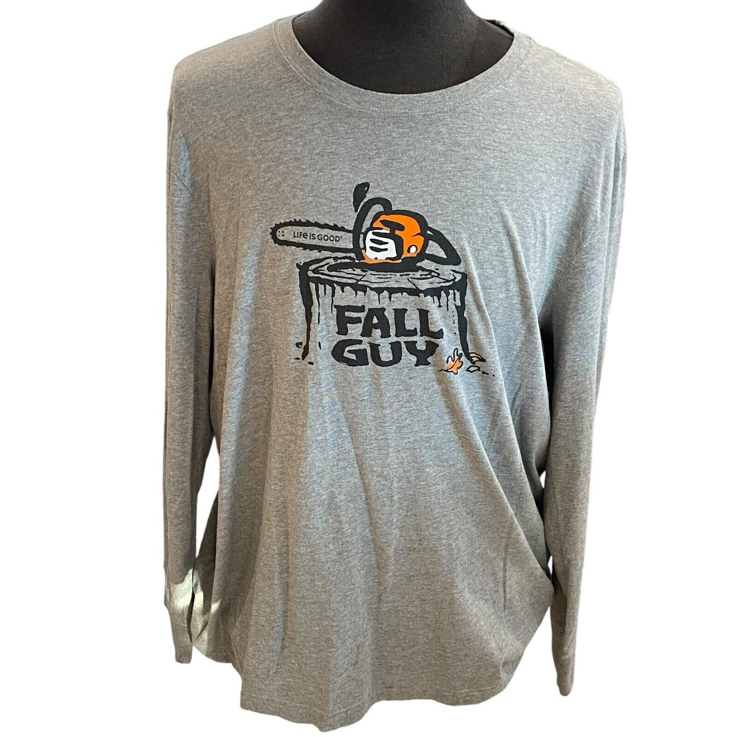 XXL Life is Good Fall Guy Chain Saw Crusher Long Sleeve Slate Gray Mens T Shirt