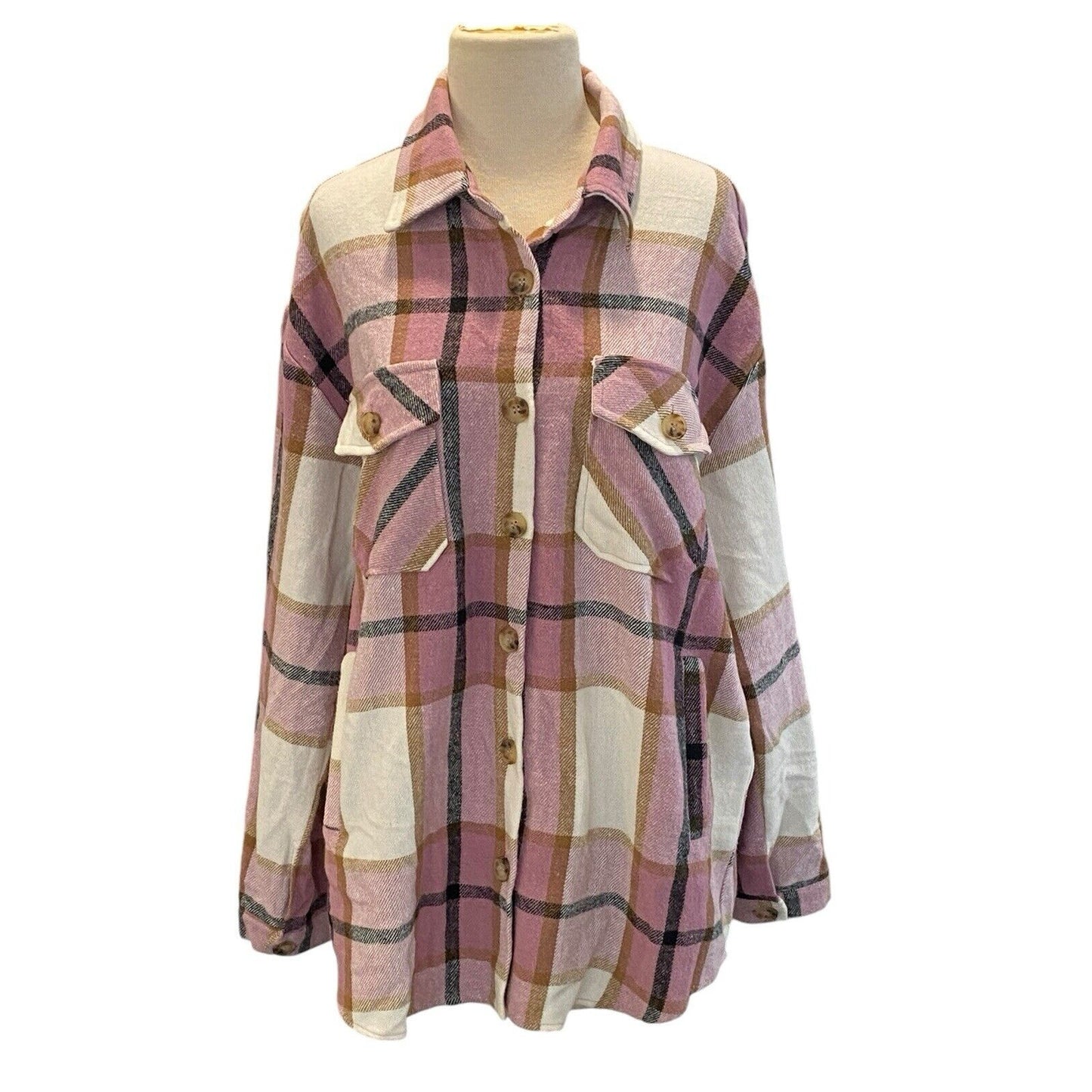Size Large Jodifl Plaid Flannel Shacket Pink Brown Button Up Shirt Gorpcore