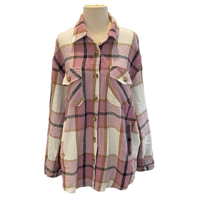 Size Large Jodifl Plaid Flannel Shacket Pink Brown Button Up Shirt Gorpcore