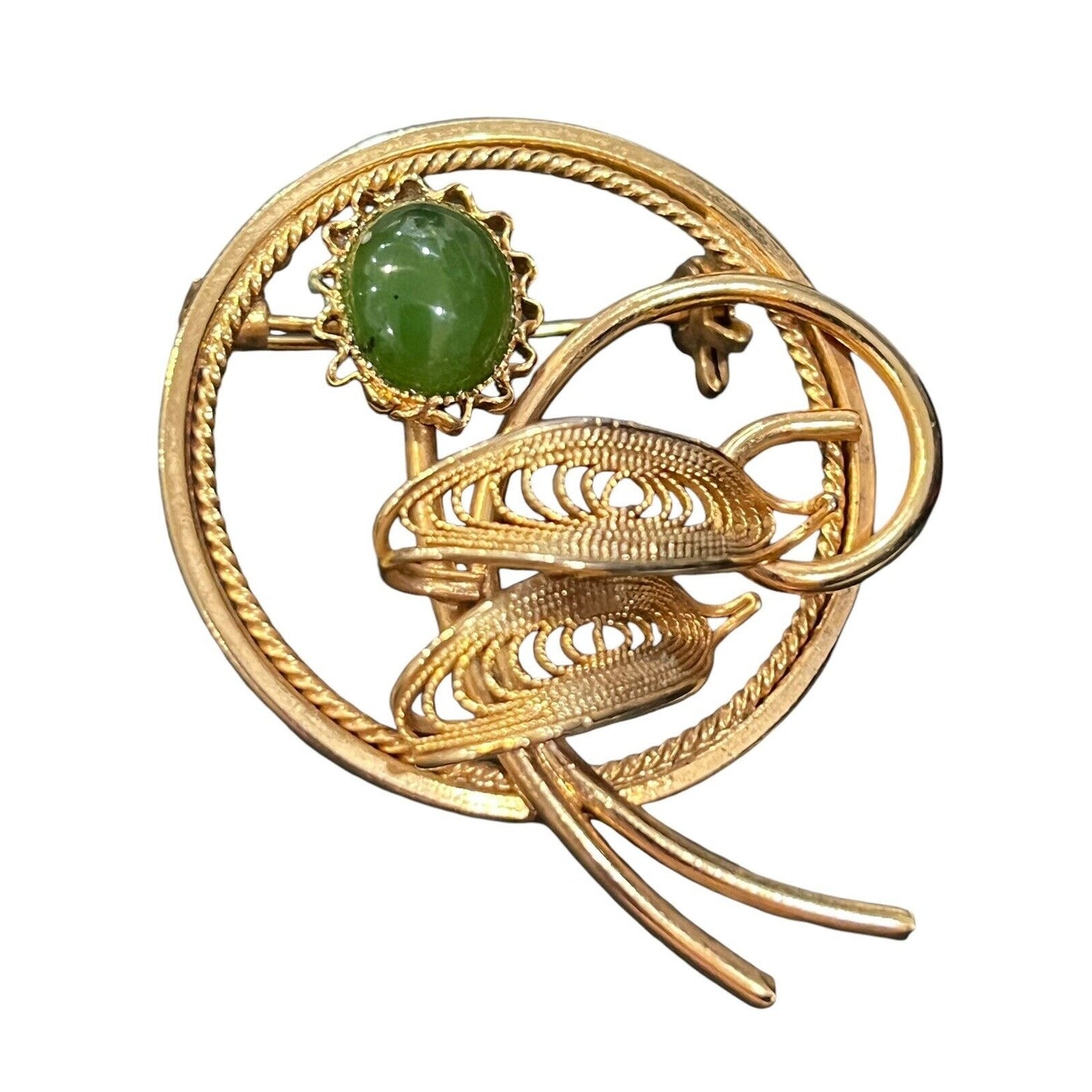 Vintage Nephrite Jade Cabochons Round Brooch Pin Gold Tone Filigree Flower