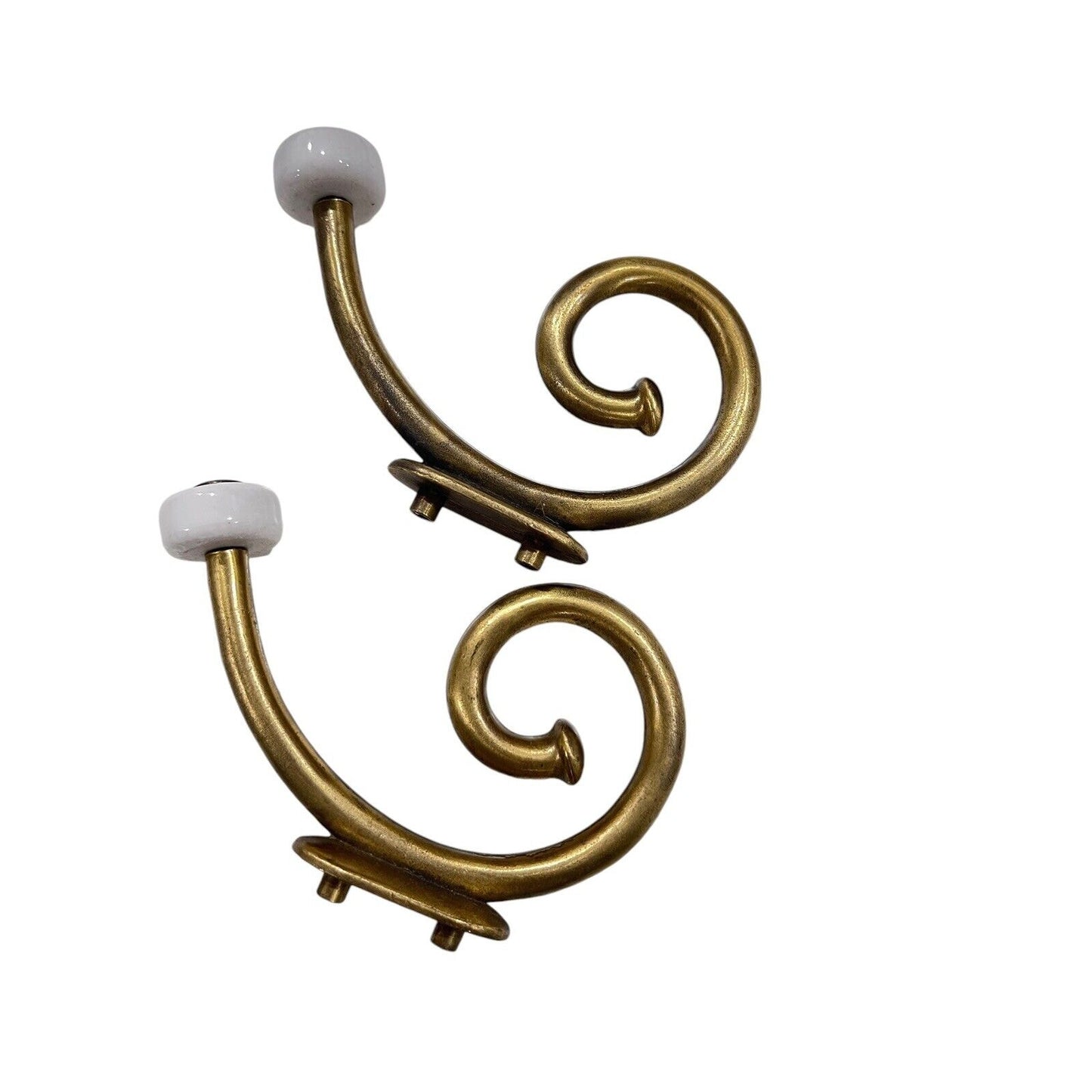 Vintage Brass Hook Rack White Ceramic Knob Coat Hat Towel 5” Scroll Dark Patina