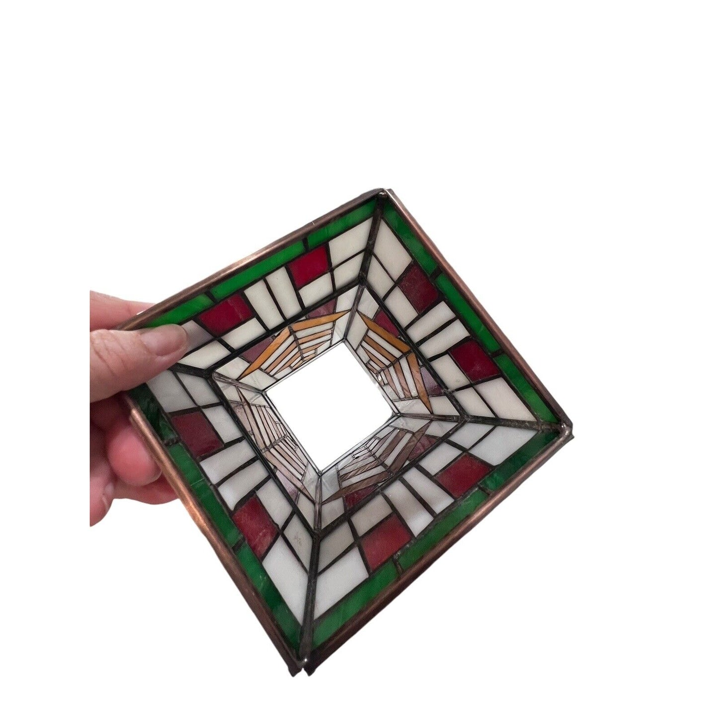 Tiffany-Style stained glass hurricane shade Brown Red White green arrow design