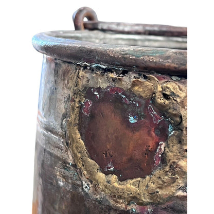 Primitive Copper Mixed Metal Hanging Pot Iron Handle Nice Gold Tone Design Trim