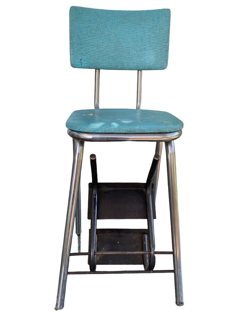 Vintage 1950s 3 Step Fold Down Step Stool Teal Sturdy Midcentury