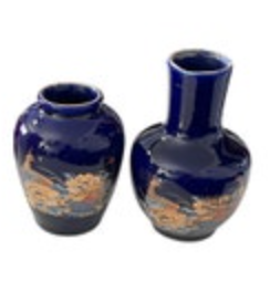 Cobalt Blue Miniature Vases with Gold Accents Set of 2 Japanese Vintage Floral