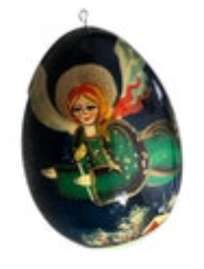 Vintage Russian Hand Painted Angel Lacquer Wooden Egg Green Dress Religious Holy