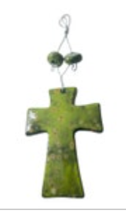 Hand Painted Glazed Pottery Wall Cross Green Signed Handmade 11”x4”
