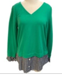NWT PS Women's Crown & Ivy Crewneck Sweater Green with Ruffle Trim Check Cotton