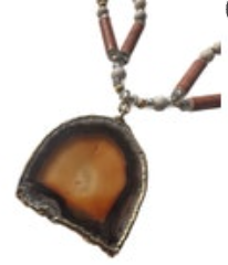 Agate Geode Slice Stone Gold Tone Banded Beaded Tribal Style Necklace 18”