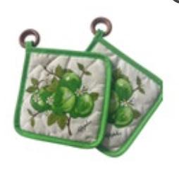 Vintage Oven Pot Holders Green Apples Wooden Ring Kitchen Spring Fall Quilted