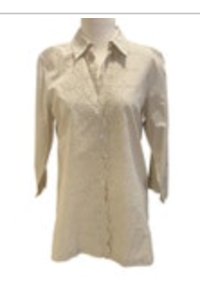 06 Paperwhite Women Collared Long Sleeve Lace Edge Tan Button Down Tunic Blouse