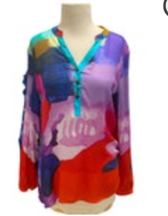 CLAIRE DESJARDINS by carré noir Colorful Art To Wear Tunic Top Blouse M EUC