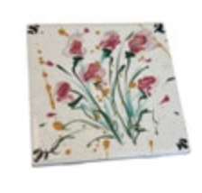 Vintage Ceramic Hand Painted Flower Floral Tile Trivet Signed Footed 4.25” Sq