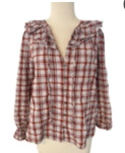 Medium Anthropologie Maeve Ruffled Peasant Blouse Plaid V Neck Gathered Cuff