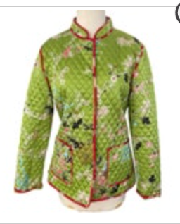 Anne Carson Silk Quilted Puffy Jacket Pocket Green Floral Design Women’s Medium