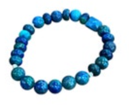 Azurite Stone Beaded Brass Tone Spacers Stretch Ladies Bracelet 6.25”