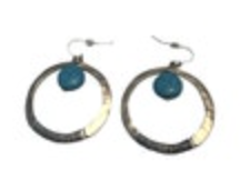 Goldtone and Turquoise Hoop Dangle Earrings Hook Pierced Ears 1.25" long