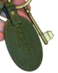 FOSSIL Brass Tone Olive Green Oval Saddle Leather Strap Fob Bag Charm Keychain